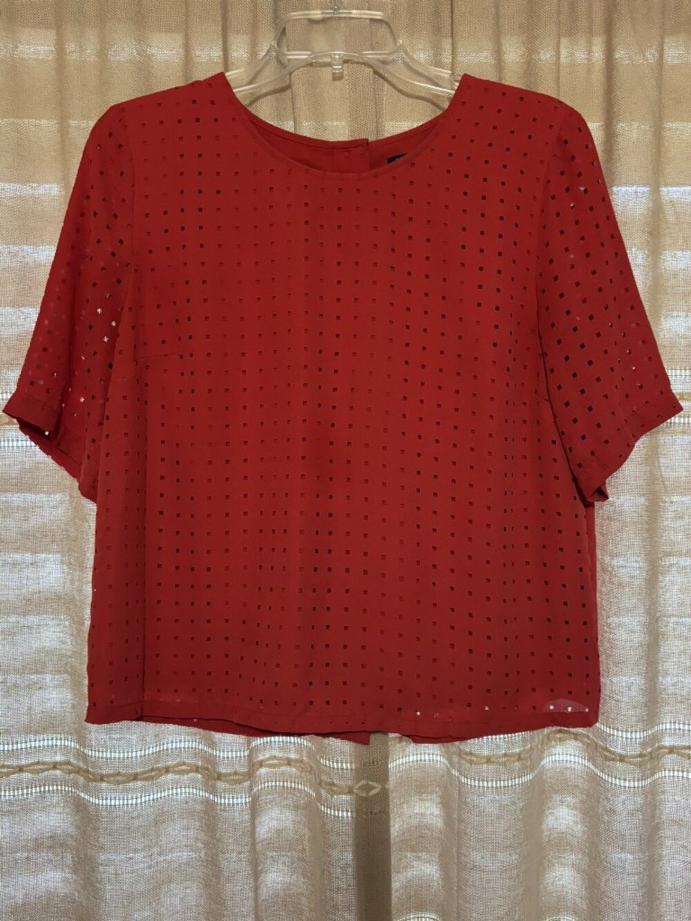 Banana Republic Petite Coral Red Geometric Eyelet Sheer Layering Box Top PM
